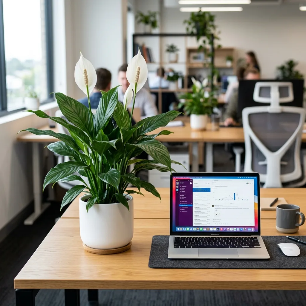 A beautiful white Peace Lily flower next to a laptop improving indoor air quality