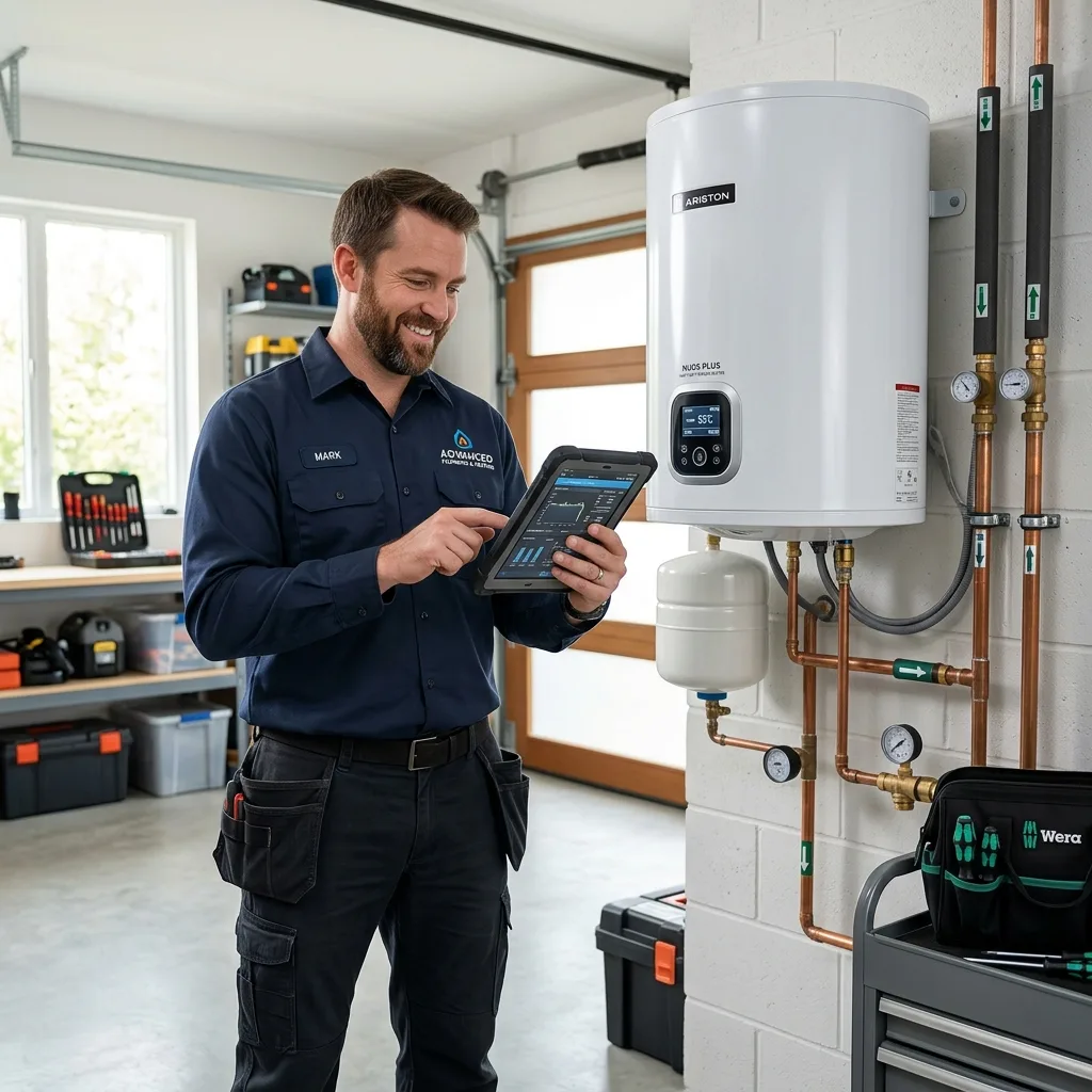 Plumber checking settings on a smart heat pump water heater with a tablet