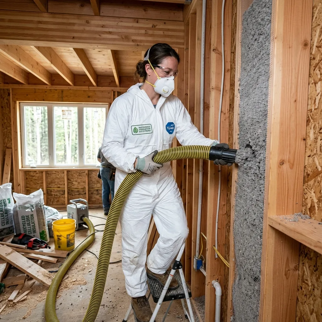 Contractor blowing cellulose insulation into a wall cavity for maximum energy efficiency