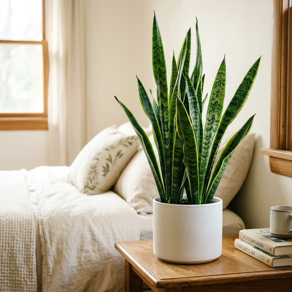 A healthy Snake Plant on a nightstand providing nighttime oxygen