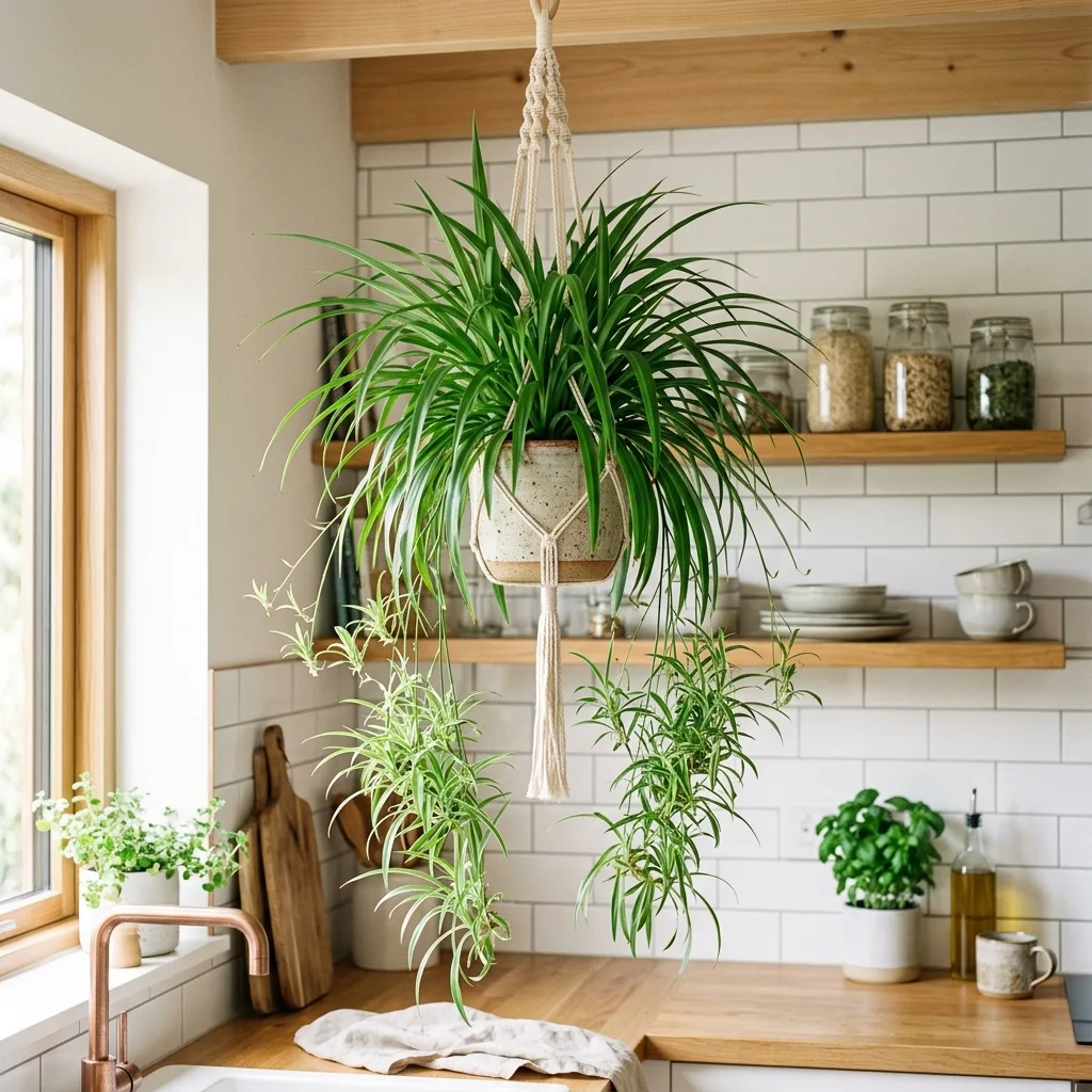 A resilient Spider Plant hanging in a sunlit kitchen filtering carbon monoxide