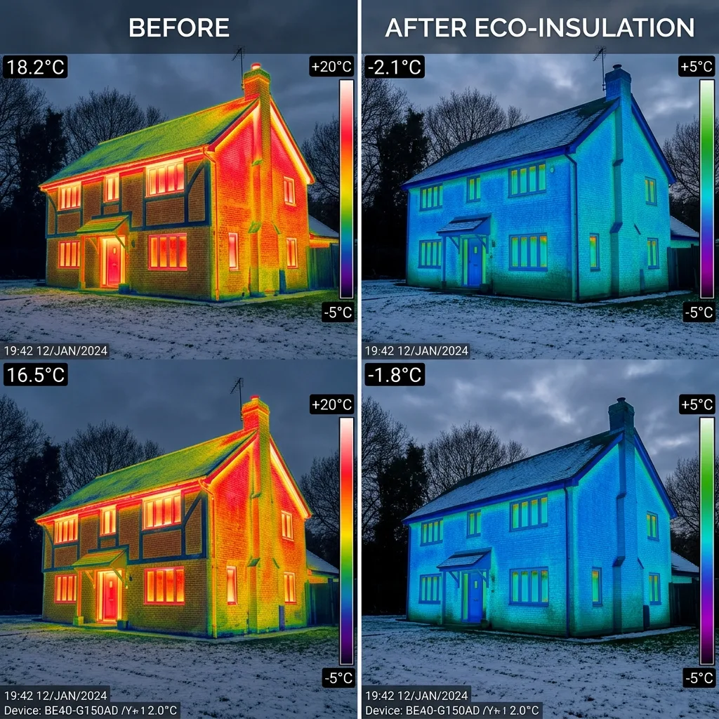 Before and after thermal scan showing efficiency gains from eco-friendly insulation